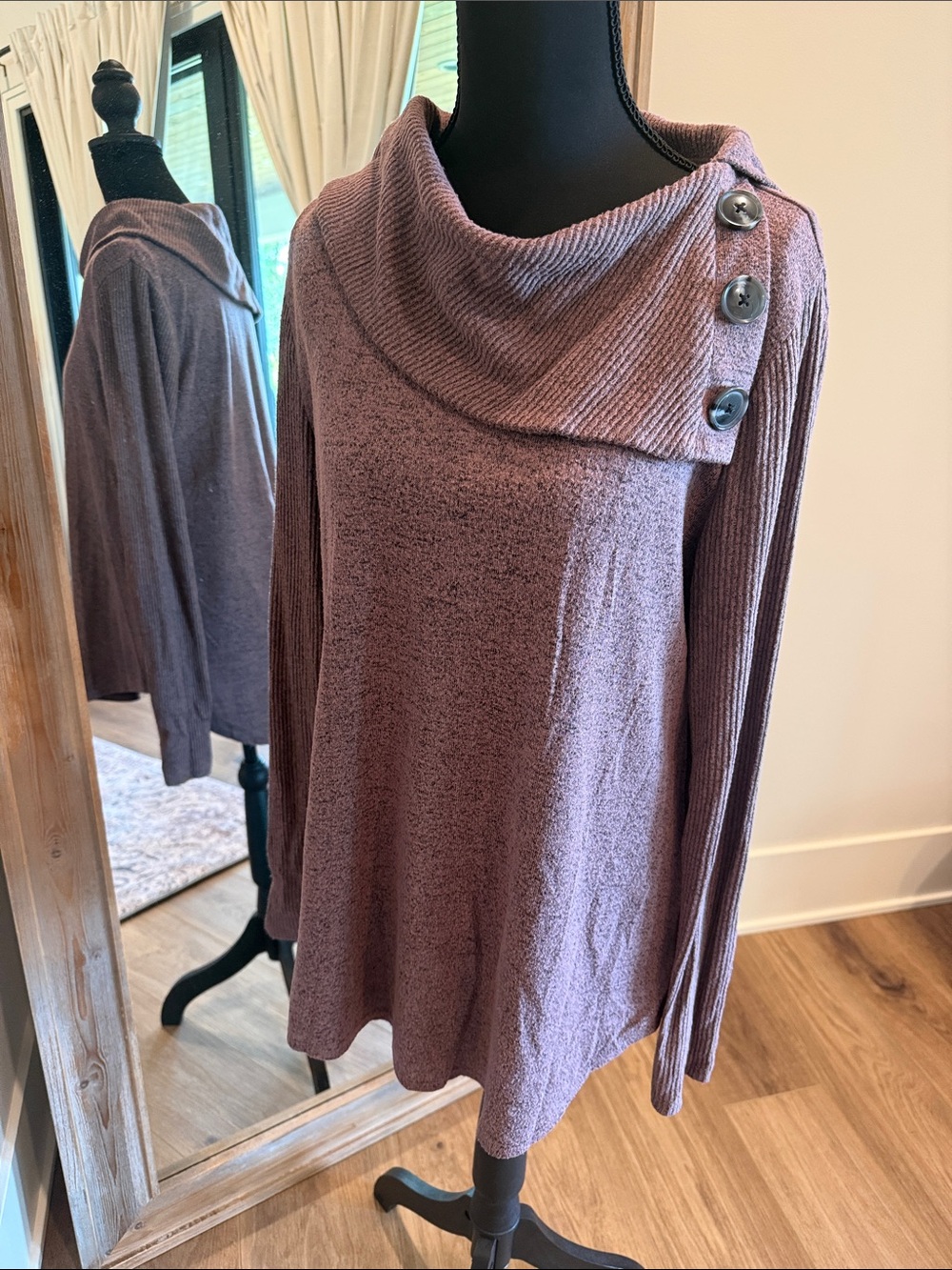 Cozy Mauve Cowl Neck Sweater with Button Detail